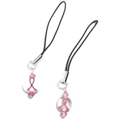 Set of 2 Pink Ribbon Breast Cancer Awareness Lamp Work Glass Cell Phone Charms - image4